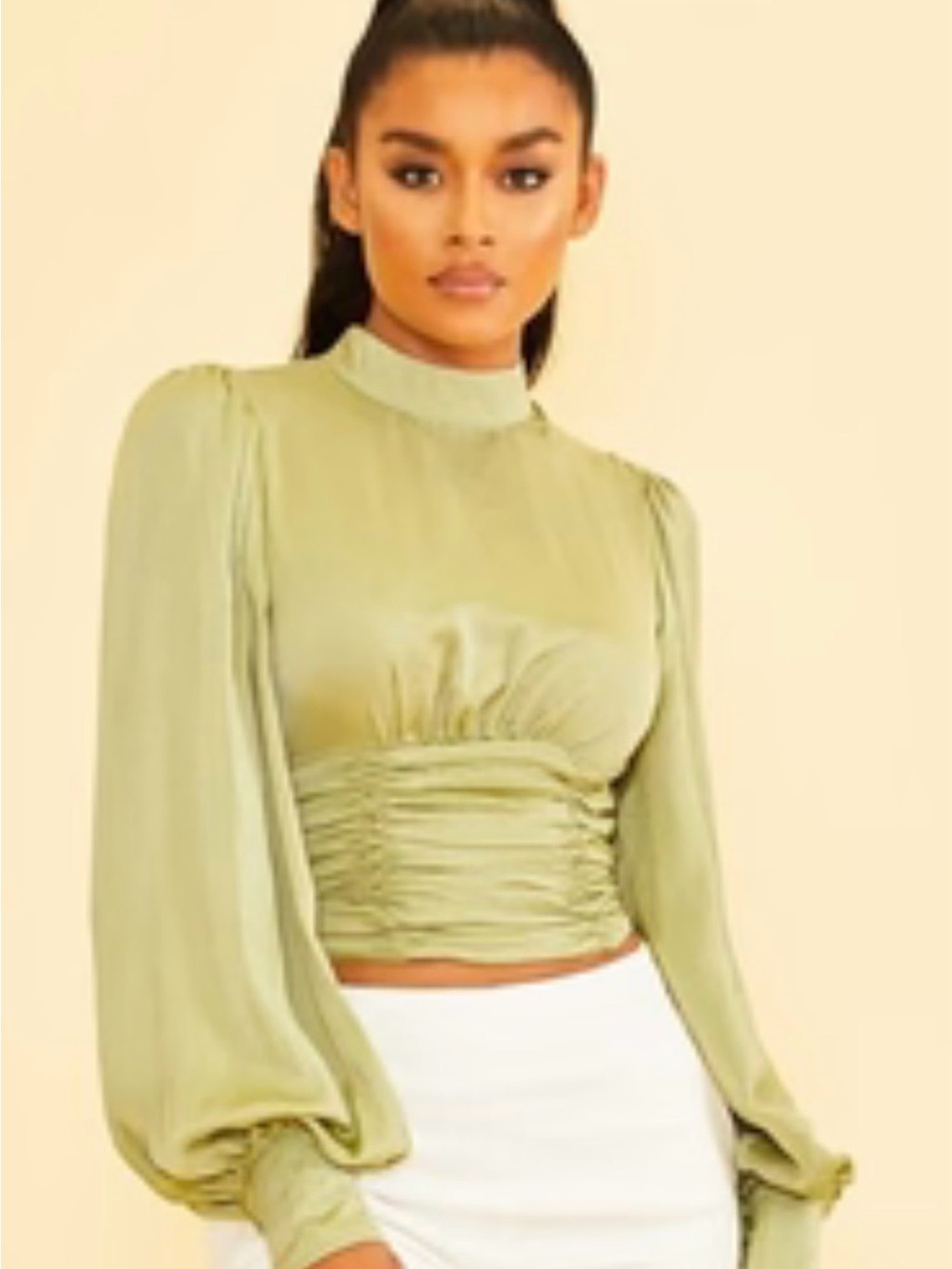 Free PeOlive Green Long-Sleeve Ruched Crop Top… open back